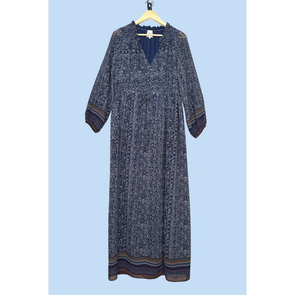 MISA‎ Los Angeles Maxi Dress Womens XS Blue Floral Long Sleeve Boho Made in USA